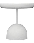 A contemporary white side table with a smooth, rounded top and a textured dome-shaped base, offering a modern and sculptural design