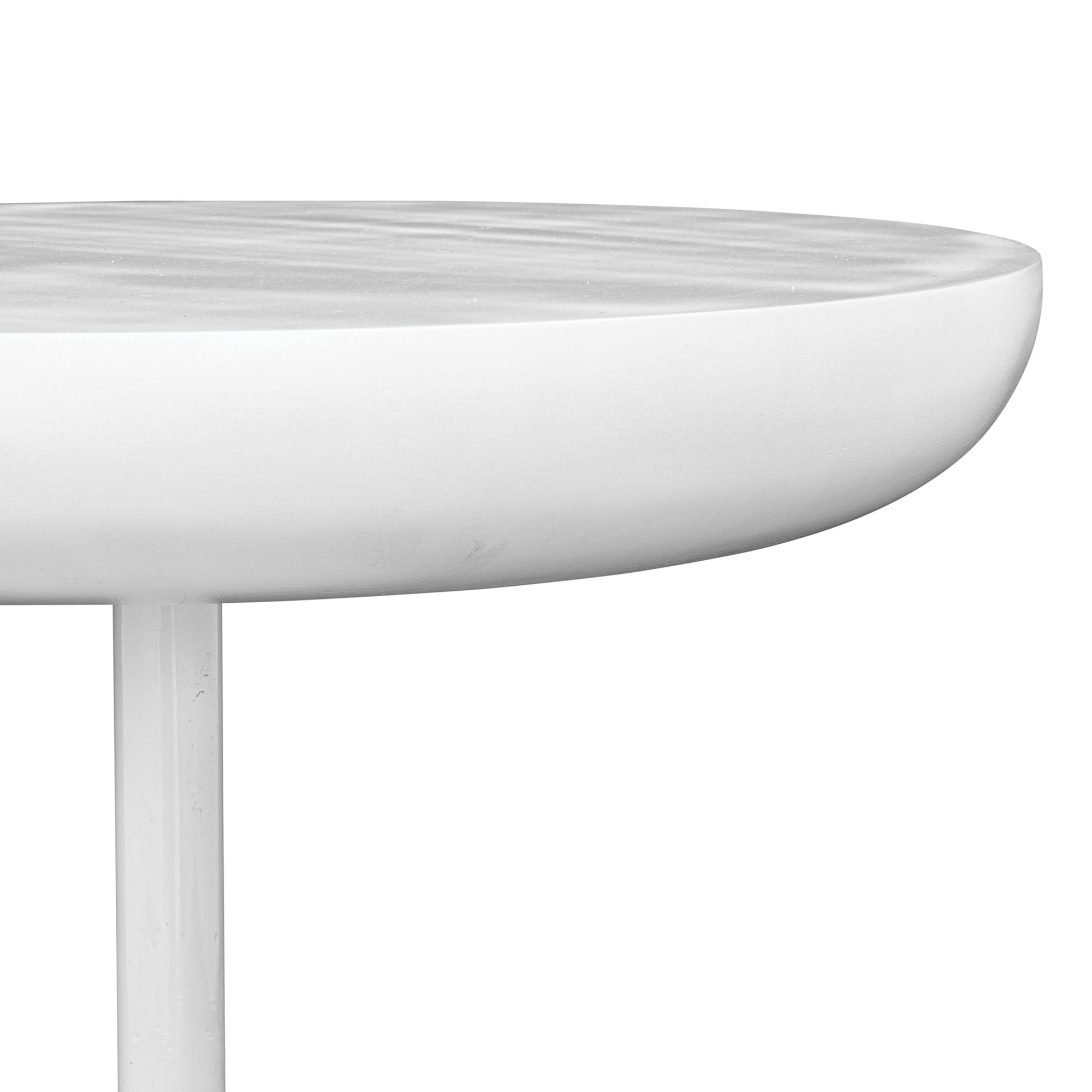 A contemporary white side table with a smooth, rounded top and a textured dome-shaped base, offering a modern and sculptural design