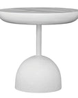 A contemporary white side table with a smooth, rounded top and a textured dome-shaped base, offering a modern and sculptural design