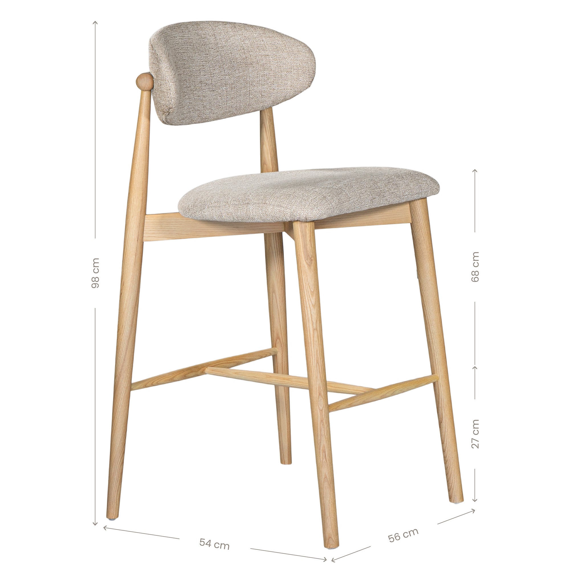 Contemporary wooden barstool with a natural timber frame and an upholstered seat and backrest in neutral fabric, blending comfort and style for modern interiors.