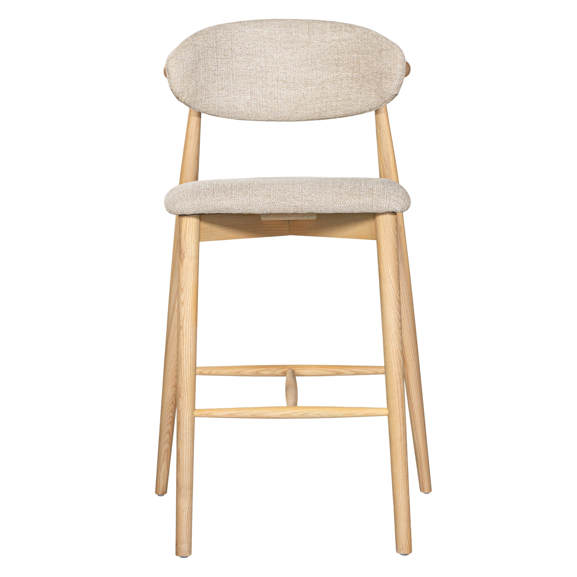 Contemporary wooden barstool with a natural timber frame and an upholstered seat and backrest in neutral fabric, blending comfort and style for modern interiors.