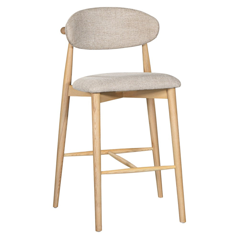 Contemporary wooden barstool with a natural timber frame and an upholstered seat and backrest in neutral fabric, blending comfort and style for modern interiors.g