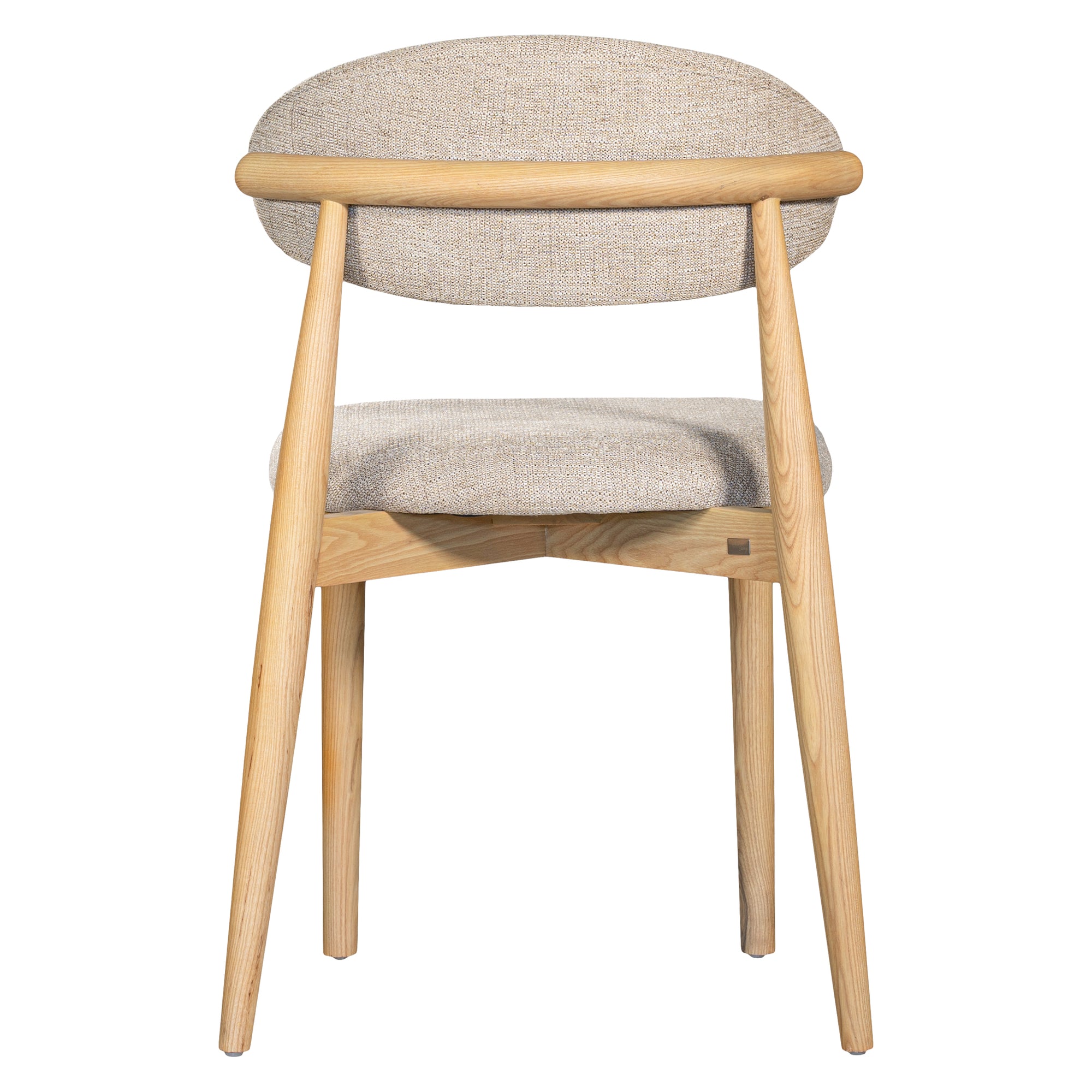 Contemporary wooden dining chair with a natural timber frame and an upholstered seat and backrest in neutral fabric, blending comfort and style for modern interiors.