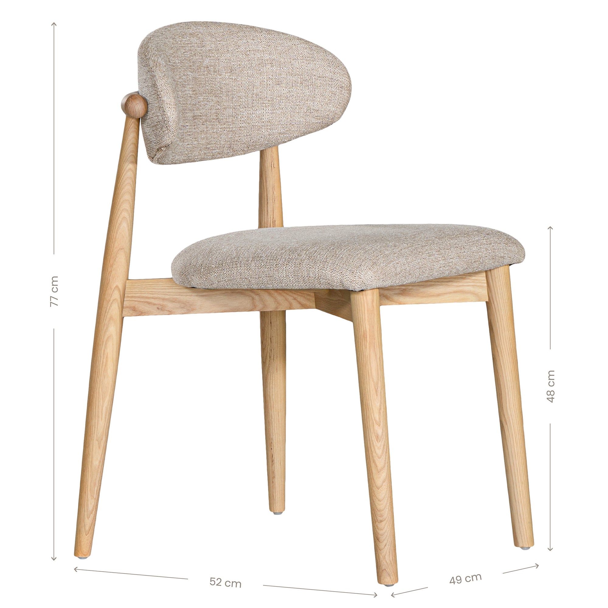Contemporary wooden dining chair with a natural timber frame and an upholstered seat and backrest in neutral fabric, blending comfort and style for modern interiors.