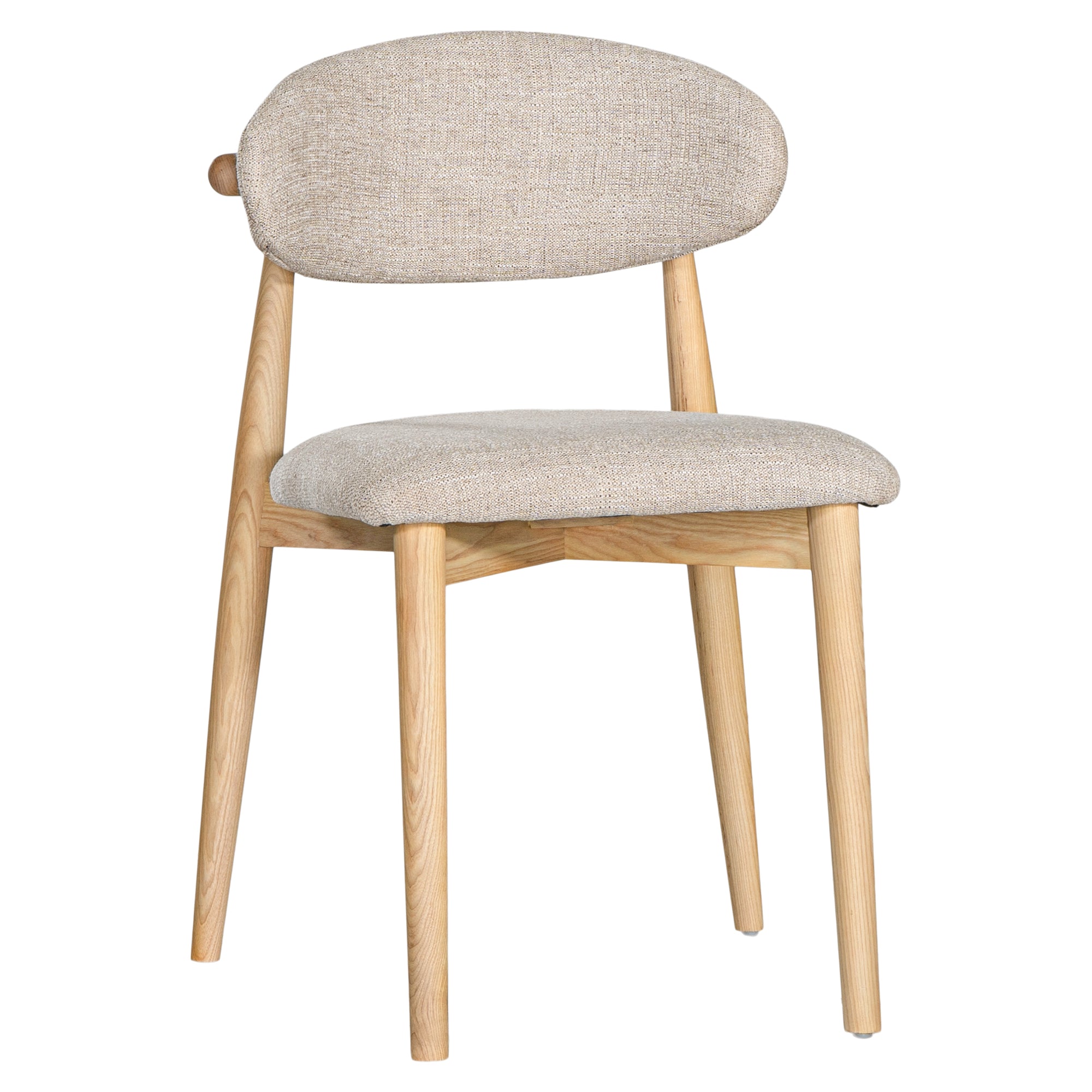 Contemporary wooden dining chair with a natural timber frame and an upholstered seat and backrest in neutral fabric, blending comfort and style for modern interiors.