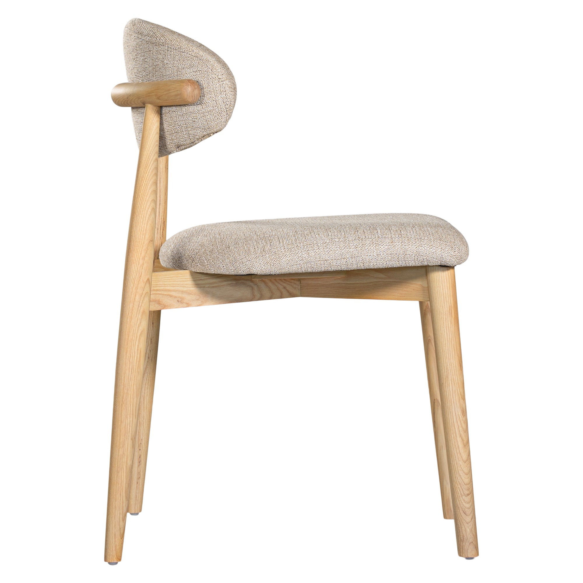 Contemporary wooden dining chair with a natural timber frame and an upholstered seat and backrest in neutral fabric, blending comfort and style for modern interiors.