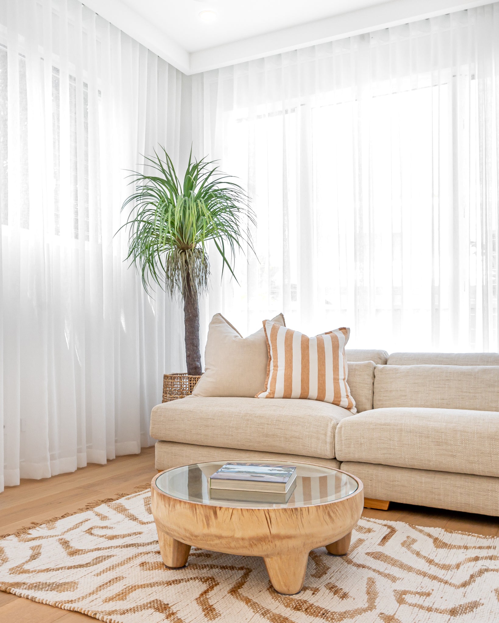 Modern lounge room featuring a neutral-toned sofa with striped cushion, wooden round coffee table with glass top, woven planter with indoor plant, and sheer white curtains