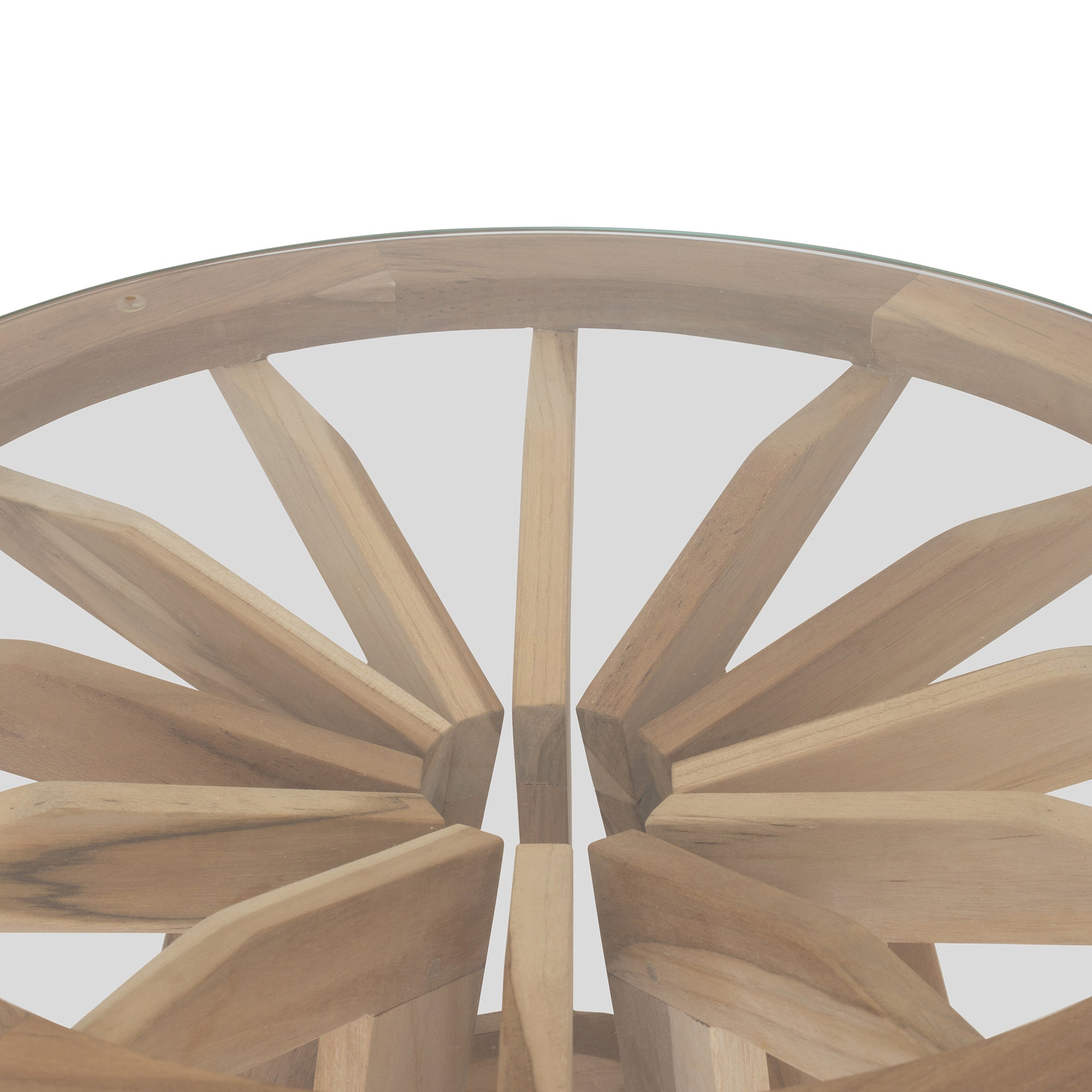 Nakuru side table in natural teak with round glass top and sculptural slat base isolated on a light background