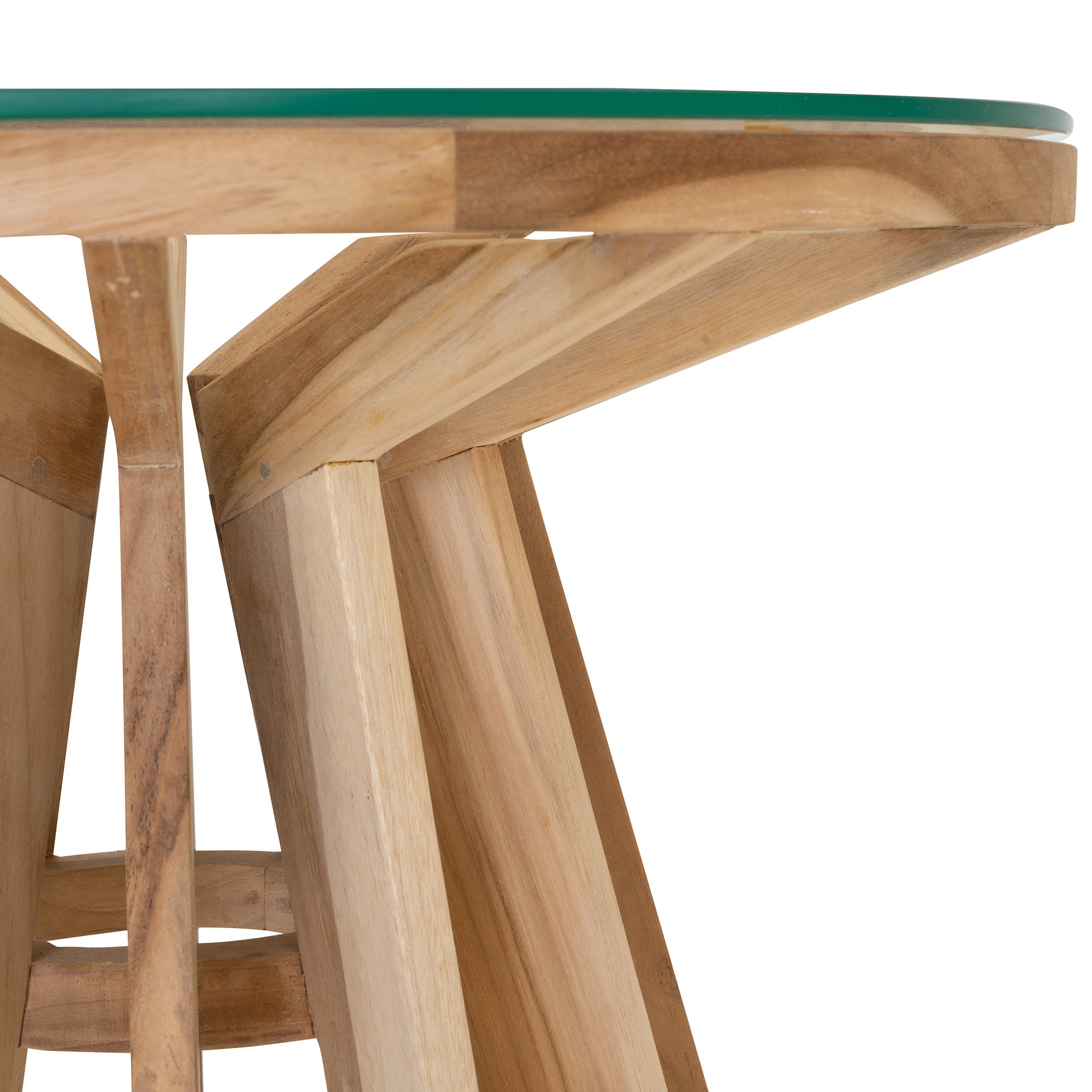 Nakuru side table in natural teak with round glass top and sculptural slat base isolated on a light background