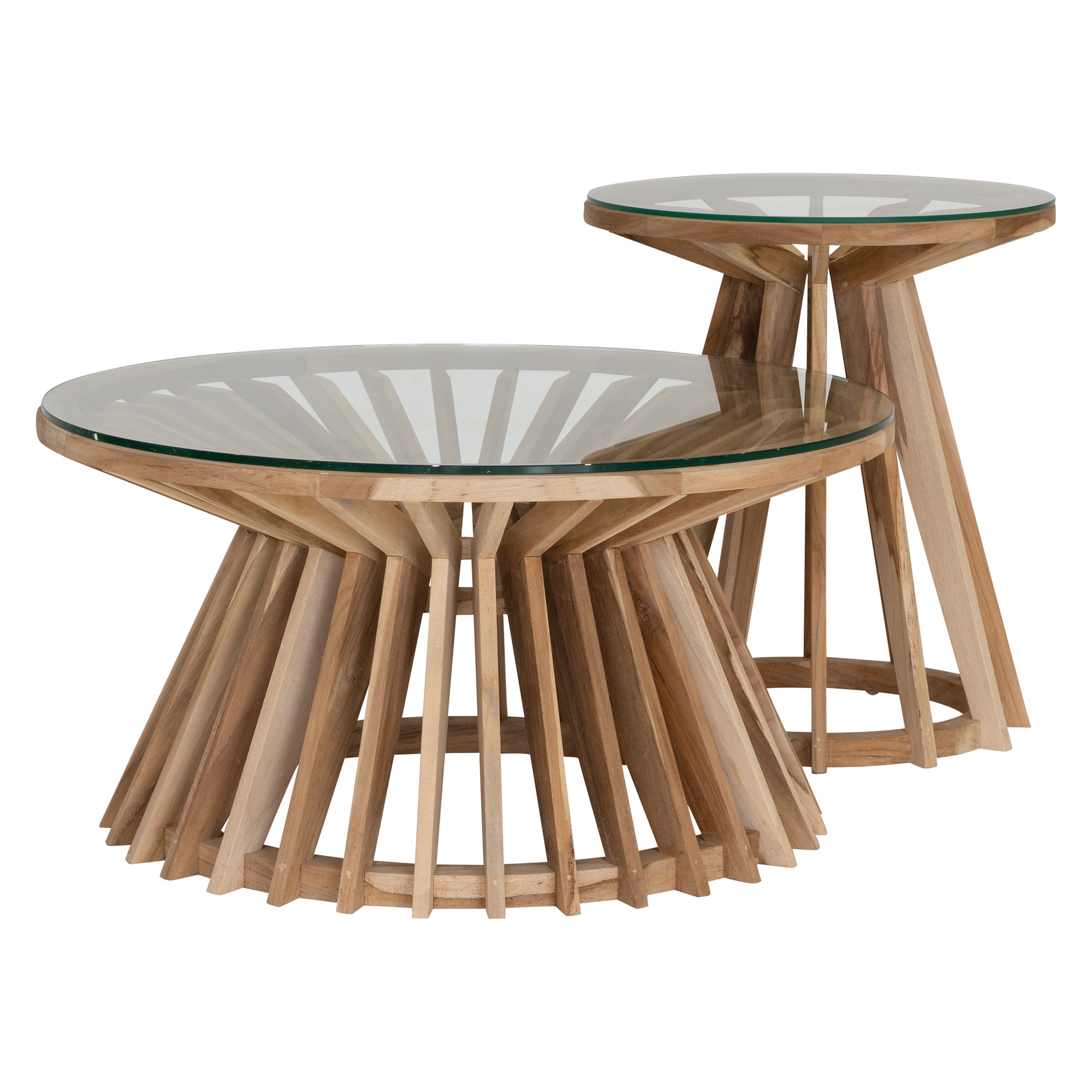 Nakuru side table in natural teak with round glass top and sculptural slat base isolated on a light background