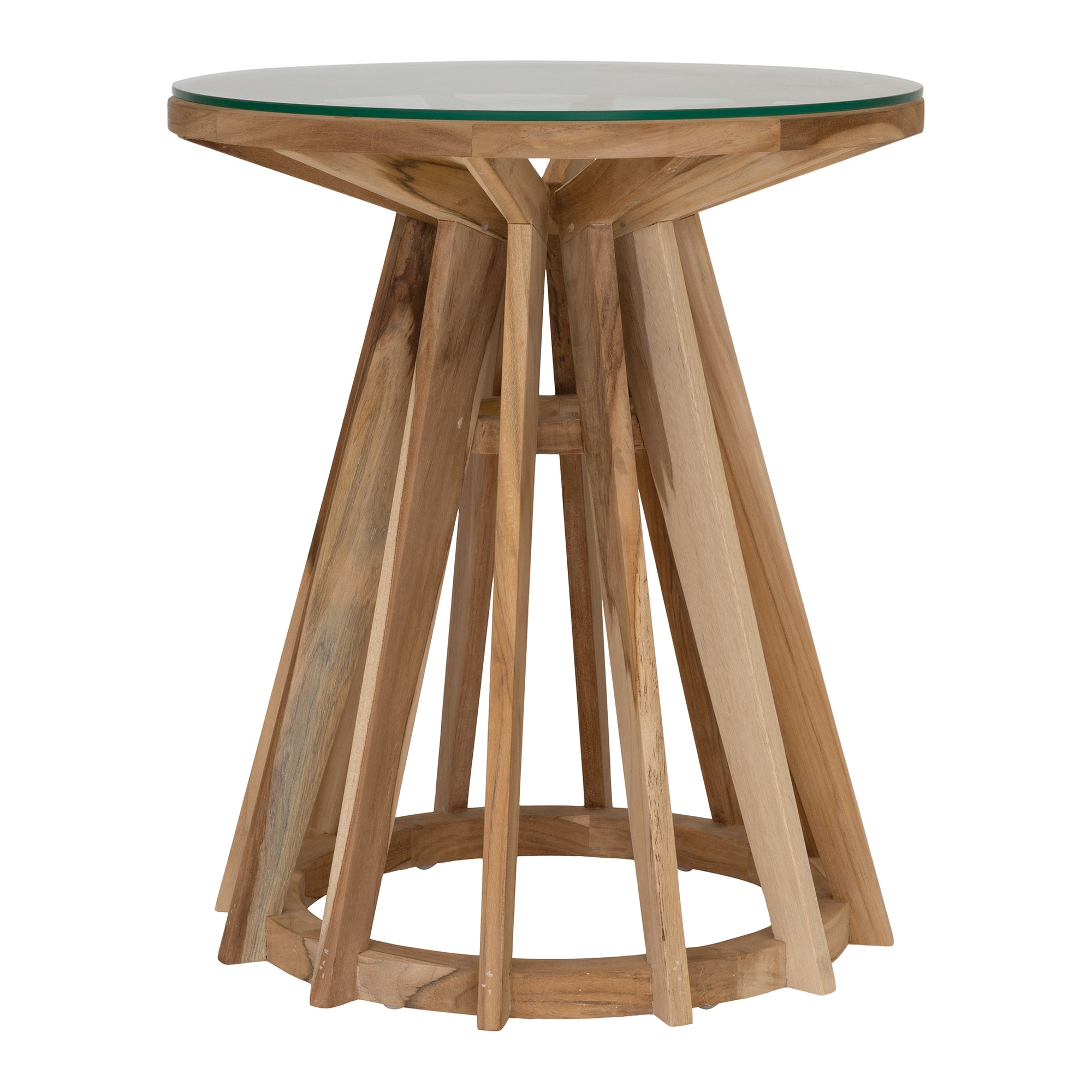 Nakuru side table in natural teak with round glass top and sculptural slat base isolated on a light background