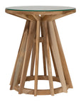 Nakuru side table in natural teak with round glass top and sculptural slat base isolated on a light background