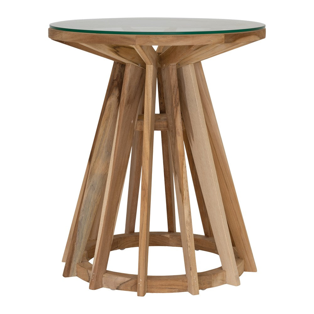 Nakuru side table in natural teak with round glass top and sculptural slat base isolated on a light background