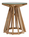 Nakuru side table in natural teak with round glass top and sculptural slat base isolated on a light background