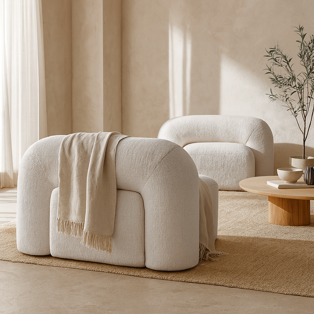 Nash occasional chair in pearl bouclé styled in a neutral lounge with curved forms, a round timber coffee table, and soft natural light.