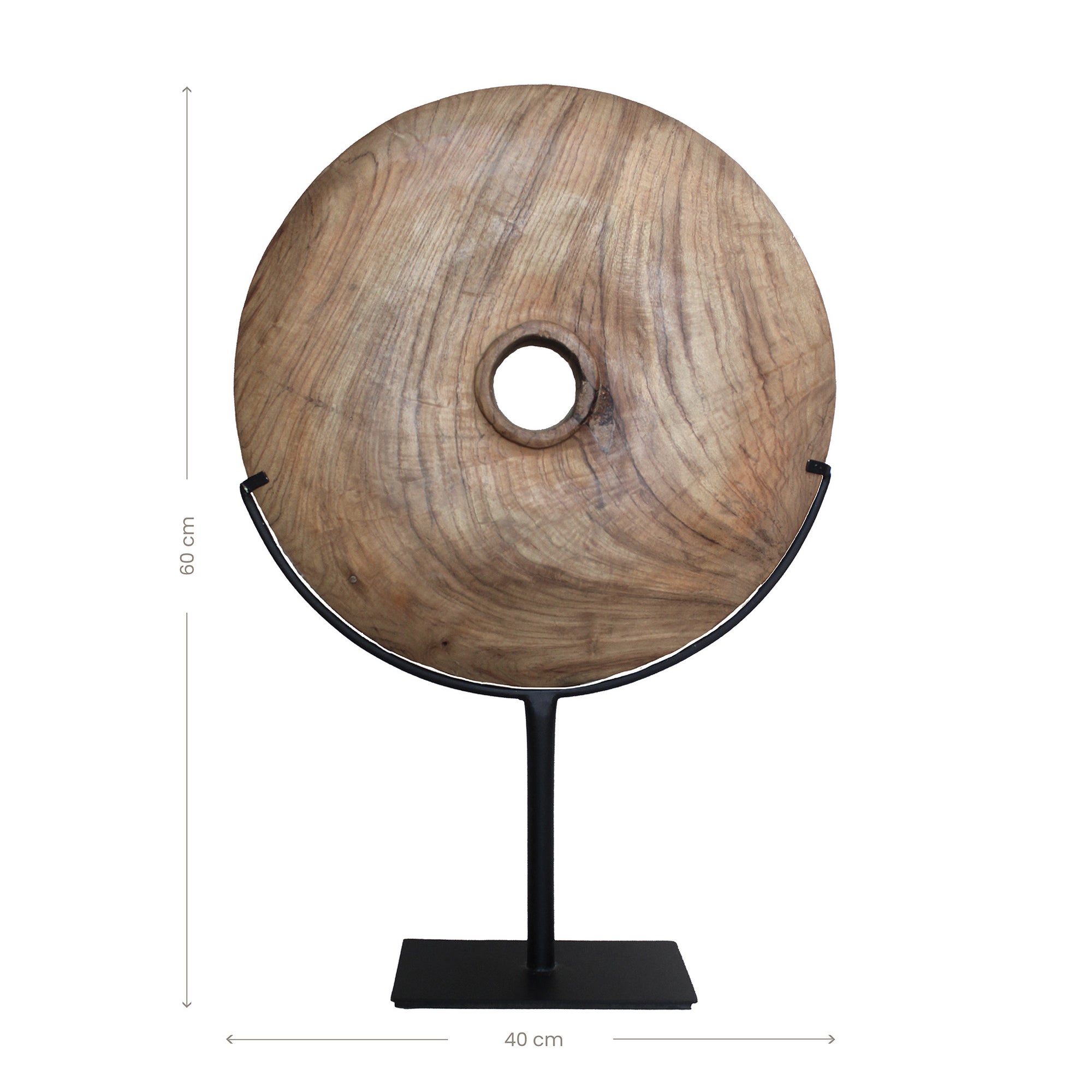 Natural carved teak disc sculpture with stand in modern minimalist design, perfect for adding bold decorative accents to any interior space