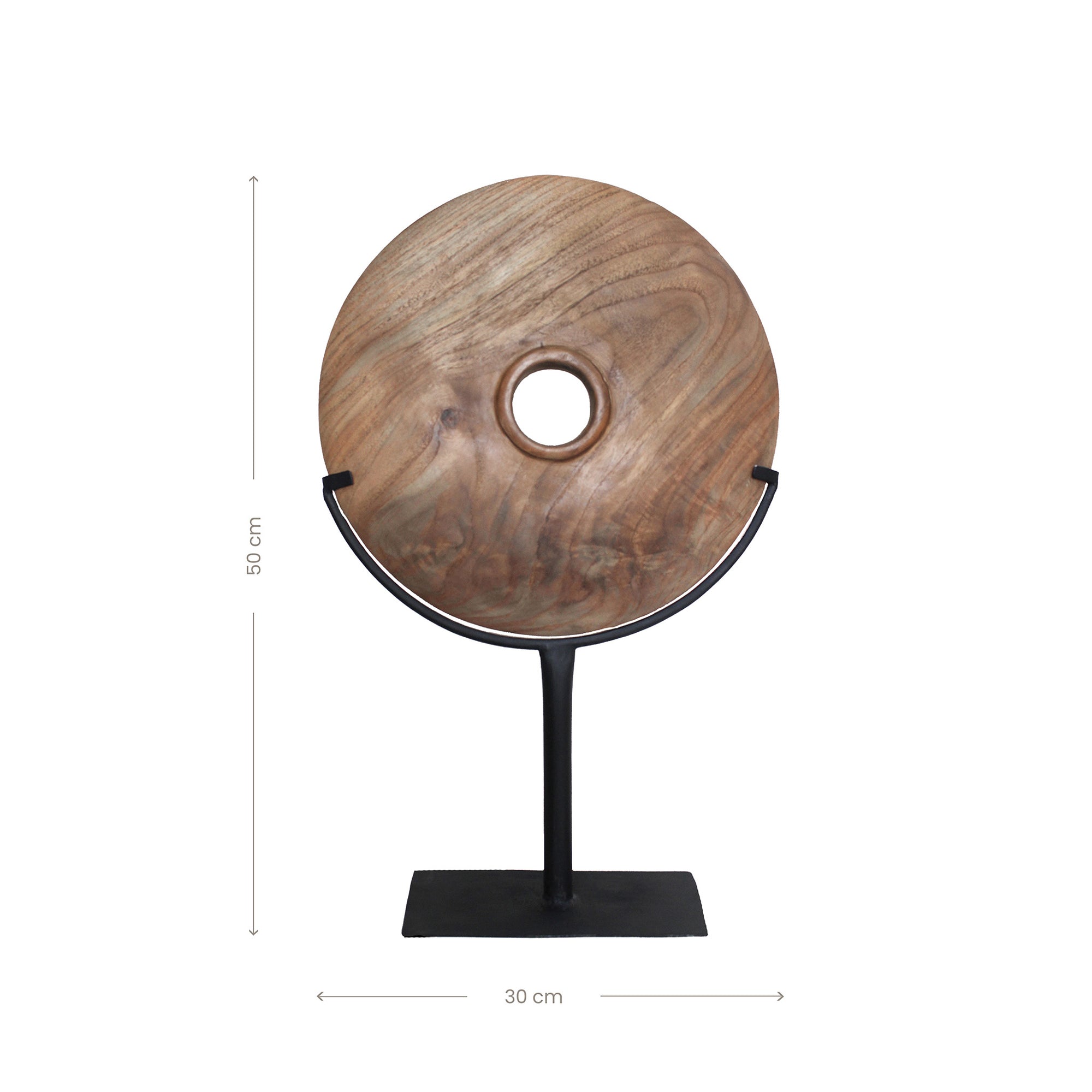 Natural carved teak disc sculpture with stand in modern minimalist design, perfect for adding bold decorative accents to any interior space