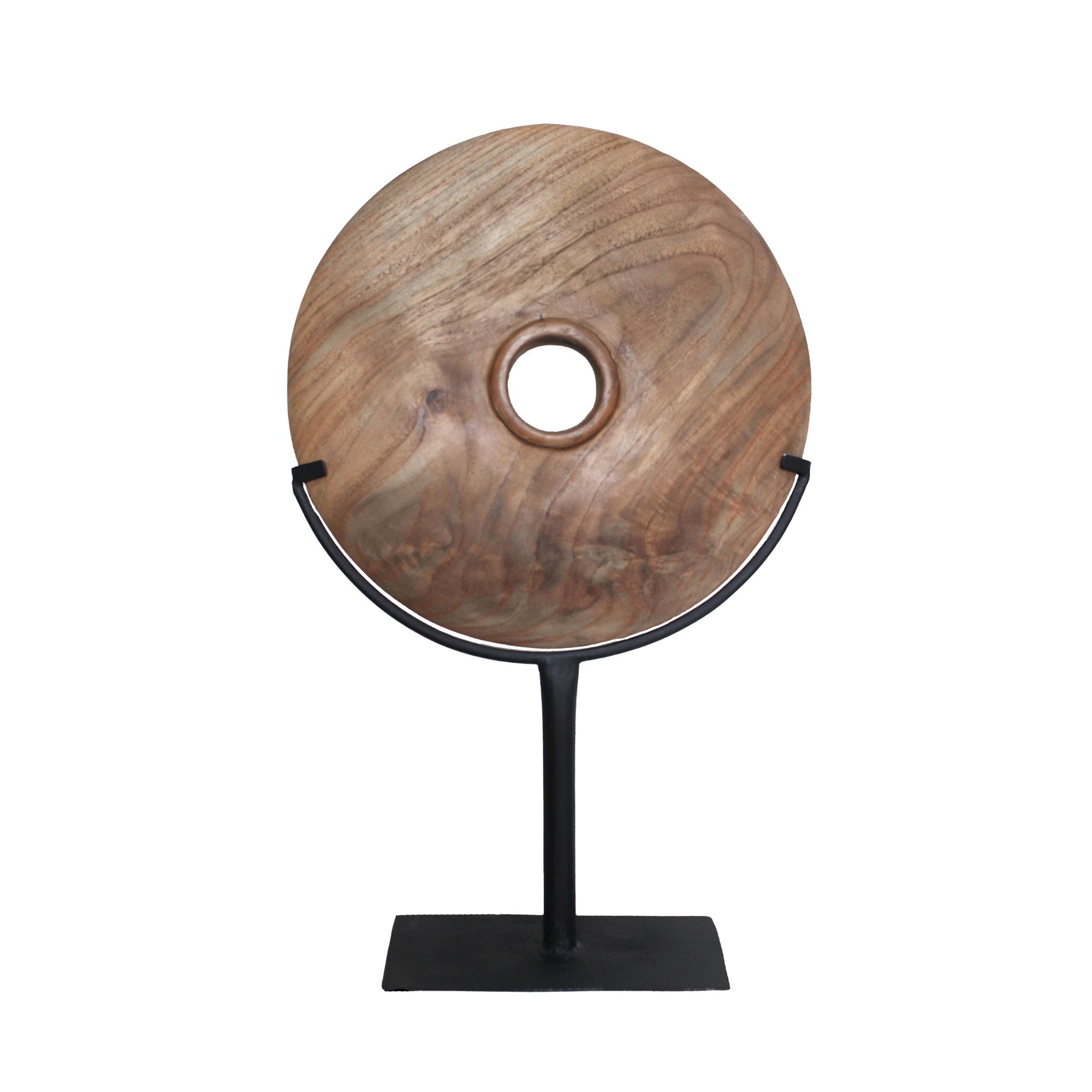 Natural carved teak disc sculpture with stand in modern minimalist design, perfect for adding bold decorative accents to any interior space