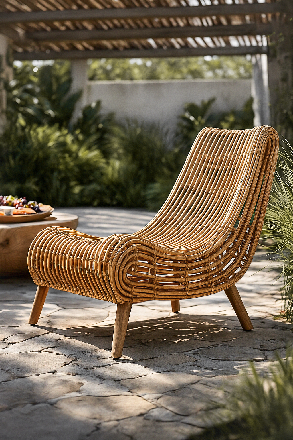 Natural rattan outdoor congo lounger with curved frame styled in a sunny garden setting on stone pavers.