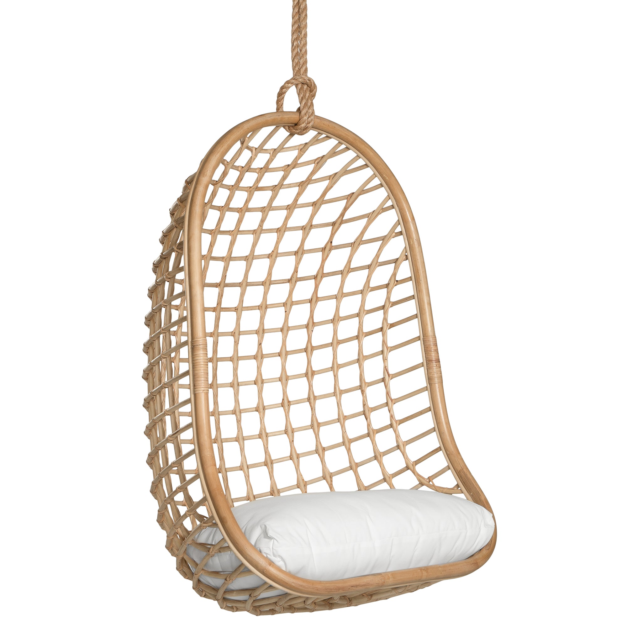 A stylish natural hanging chair with an open-weave design, suspended by a natural rope and featuring a plush white cushion for ultimate relaxation