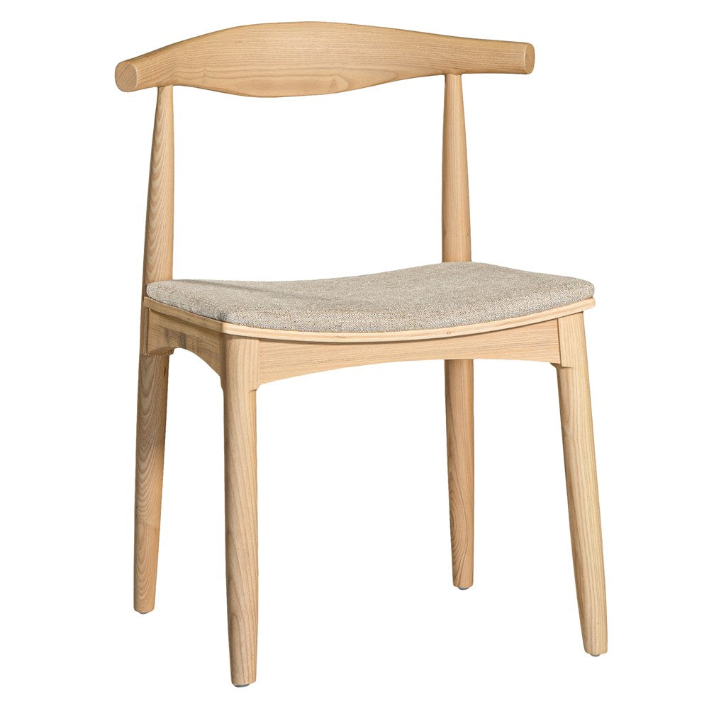 Kulala Living natural wood dining chair featuring a sculpted backrest and a lightly upholstered seat in a neutral fabric. A blend of minimalist design and organic materials, perfect for modern dining spaces.