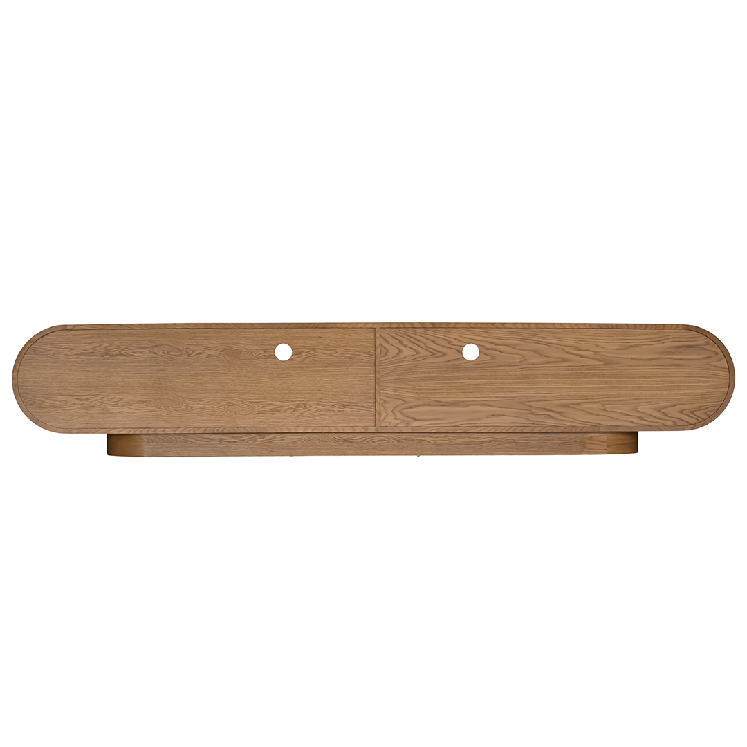 Natural oak TV unit featuring a sleek curved design with ample storage, including cabinets, a drawer, and an open shelf for media organisation