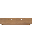 Natural oak TV unit featuring a sleek curved design with ample storage, including cabinets, a drawer, and an open shelf for media organisation