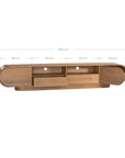 Natural oak TV unit featuring a sleek curved design with ample storage, including cabinets, a drawer, and an open shelf for media organisation