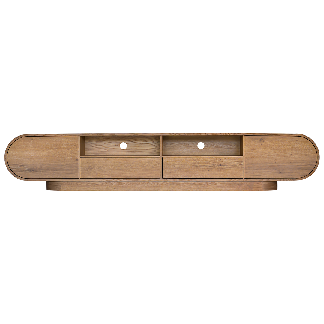 Natural oak TV unit featuring a sleek curved design with ample storage, including cabinets, a drawer, and an open shelf for media organisation
