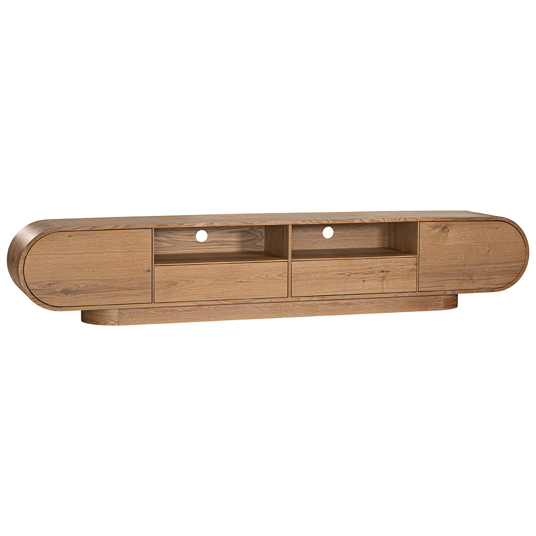 Natural oak TV unit featuring a sleek curved design with ample storage, including cabinets, a drawer, and an open shelf for media organisation