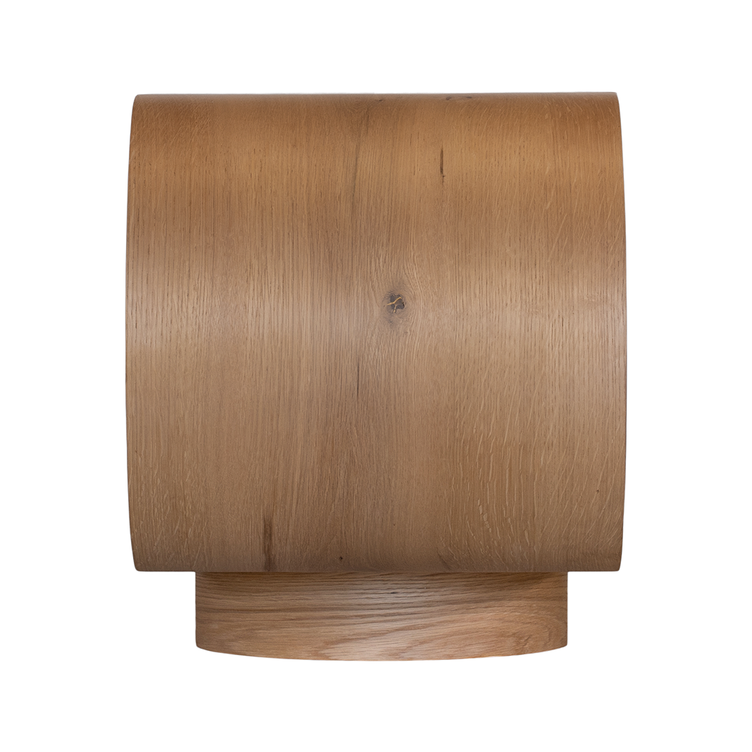 Natural oak TV unit featuring a sleek curved design with ample storage, including cabinets, a drawer, and an open shelf for media organisation