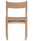 Elegant dining chair crafted from natural timber with a woven paper cord seat and backrest, showcasing a minimalist Scandinavian-inspired design