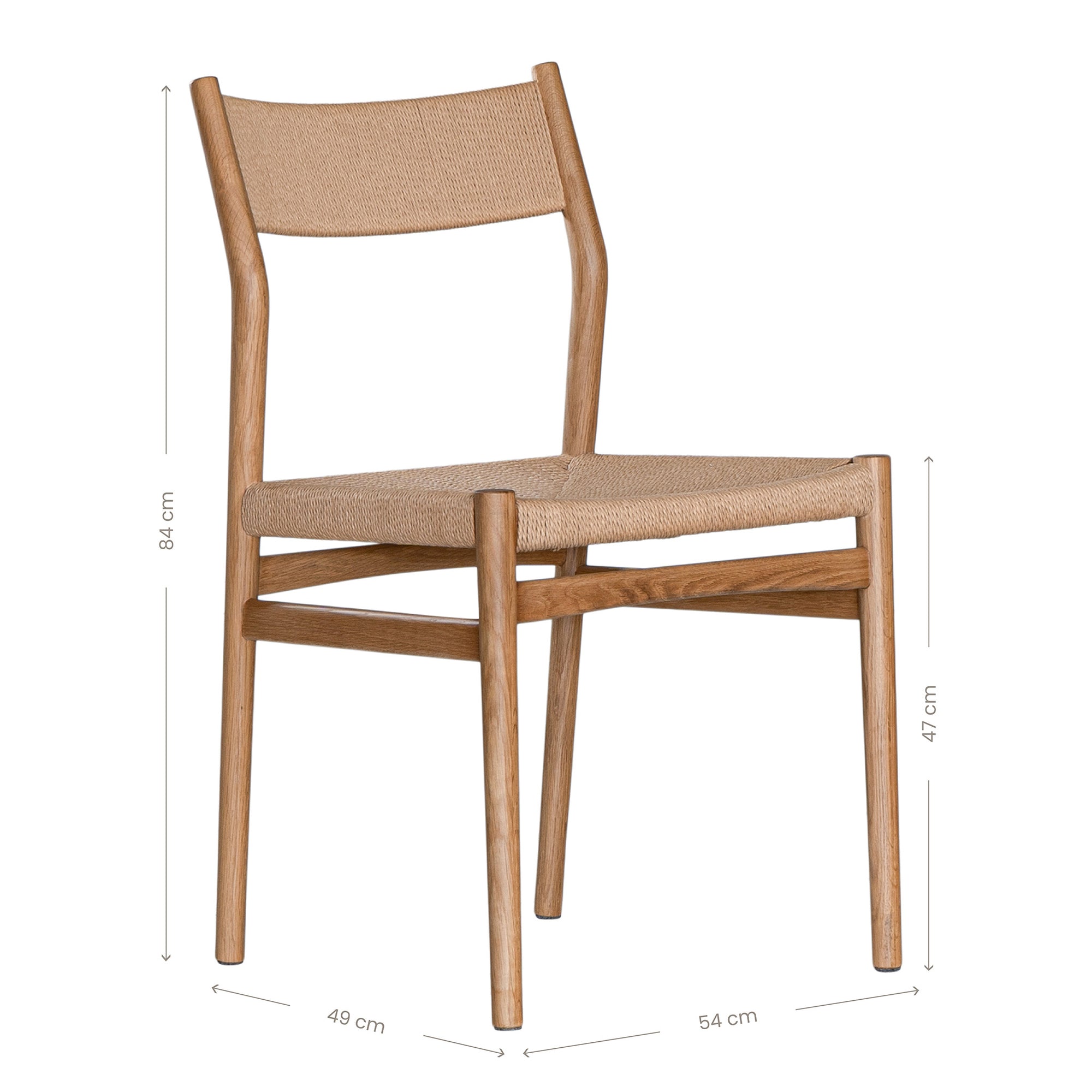 Elegant dining chair crafted from natural timber with a woven paper cord seat and backrest, showcasing a minimalist Scandinavian-inspired design