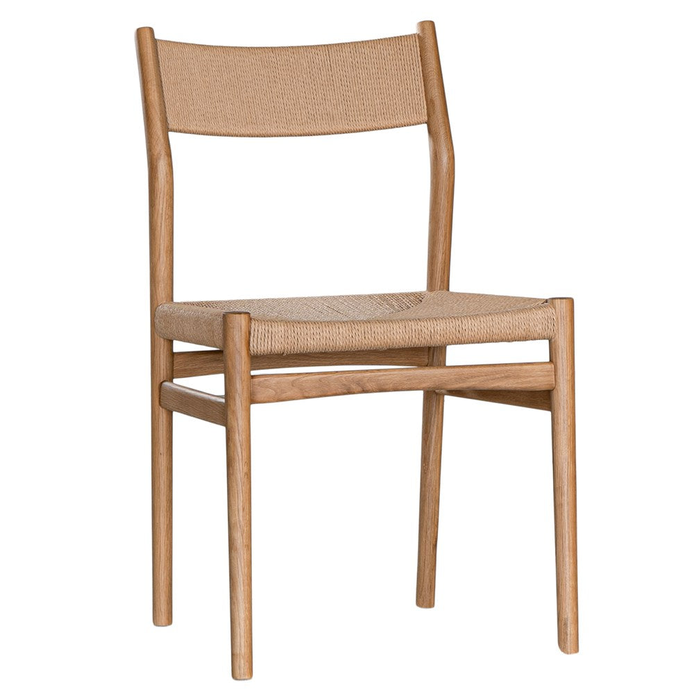 Elegant dining chair crafted from natural timber with a woven paper cord seat and backrest, showcasing a minimalist Scandinavian-inspired design