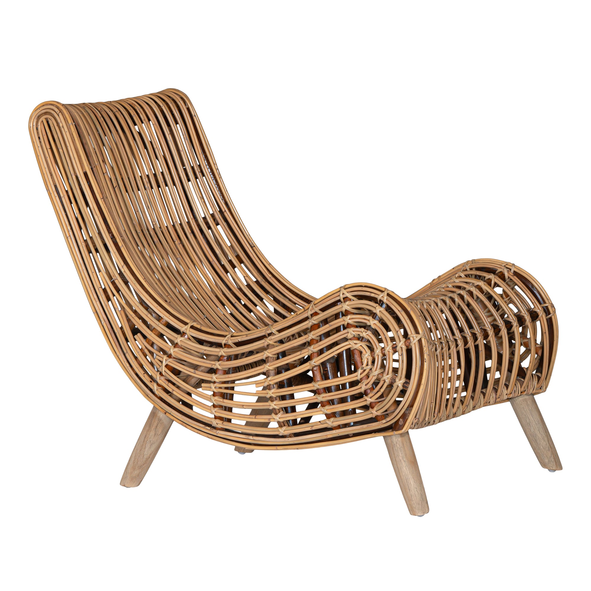 A sculptural natural rattan lounge chair with a curved, low-profile silhouette and sleek wooden legs. The woven design adds texture, while the deep seat and ergonomic shape offer comfort and relaxation