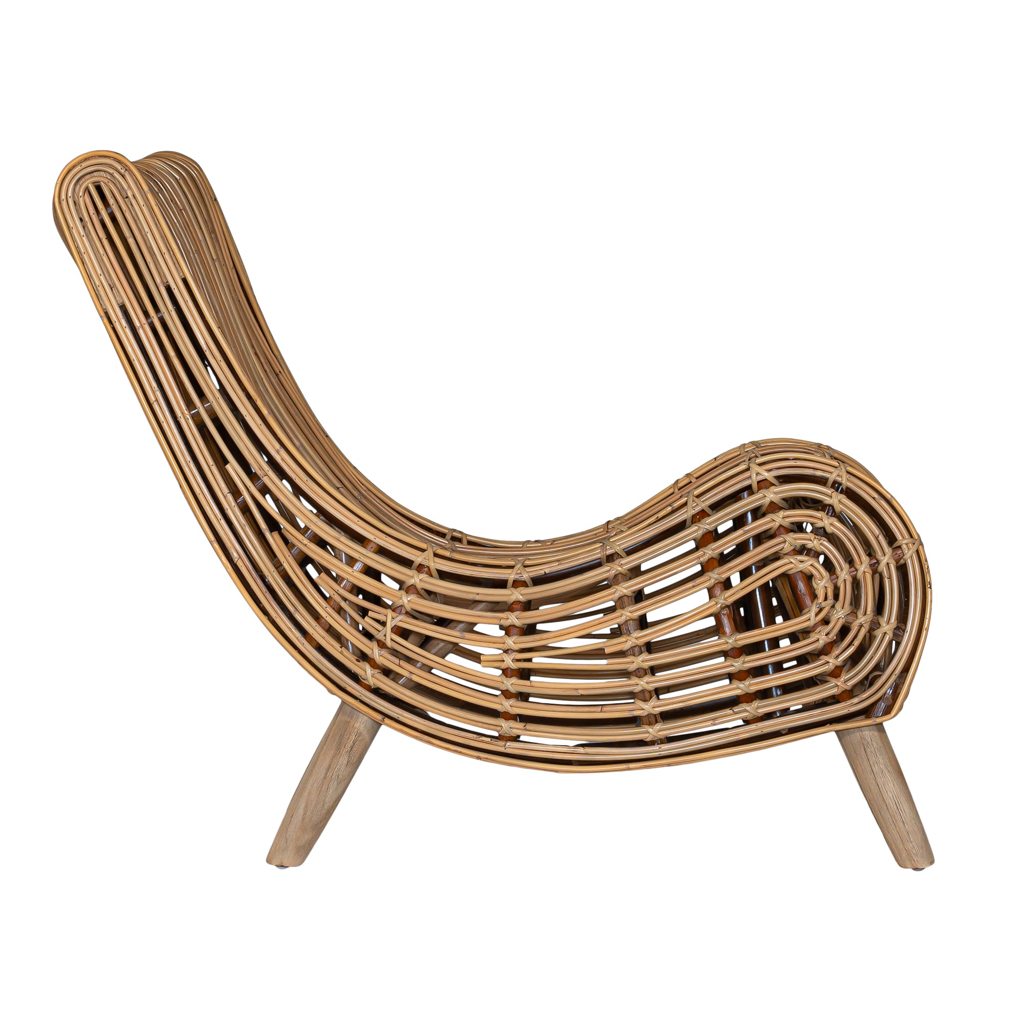 A sculptural natural rattan lounge chair with a curved, low-profile silhouette and sleek wooden legs. The woven design adds texture, while the deep seat and ergonomic shape offer comfort and relaxation