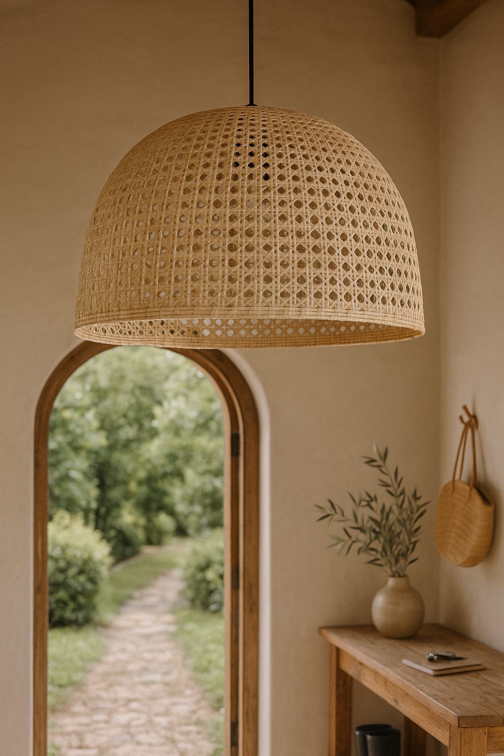 Natural rattan dome pendant light hanging in a soft-toned interior entryway with timber accents and arched door opening to a garden path