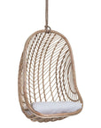 Natural rattan hanging egg chair with a plush white cushion, featuring a woven open-weave design and sturdy rope for a stylish and relaxing indoor or outdoor seating option