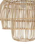 A modern natural rattan pendant light with a tiered silhouette, showcasing intricate woven detailing. This statement lighting piece offers a contemporary yet natural aesthetic, perfect for enhancing dining areas, living spaces, or bedrooms with warm, ambient lighting.