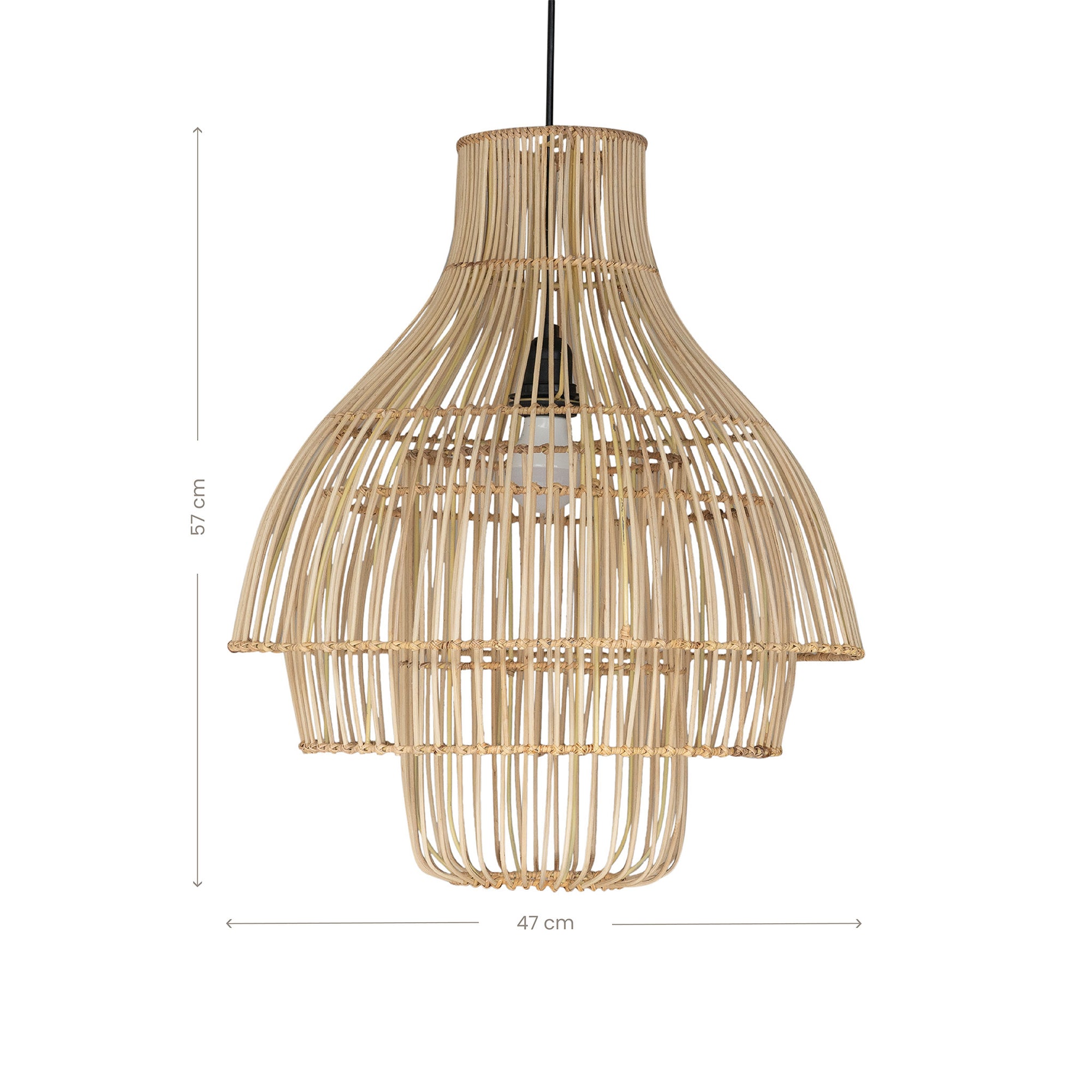 A modern natural rattan pendant light with a tiered silhouette, showcasing intricate woven detailing. This statement lighting piece offers a contemporary yet natural aesthetic, perfect for enhancing dining areas, living spaces, or bedrooms with warm, ambient lighting.