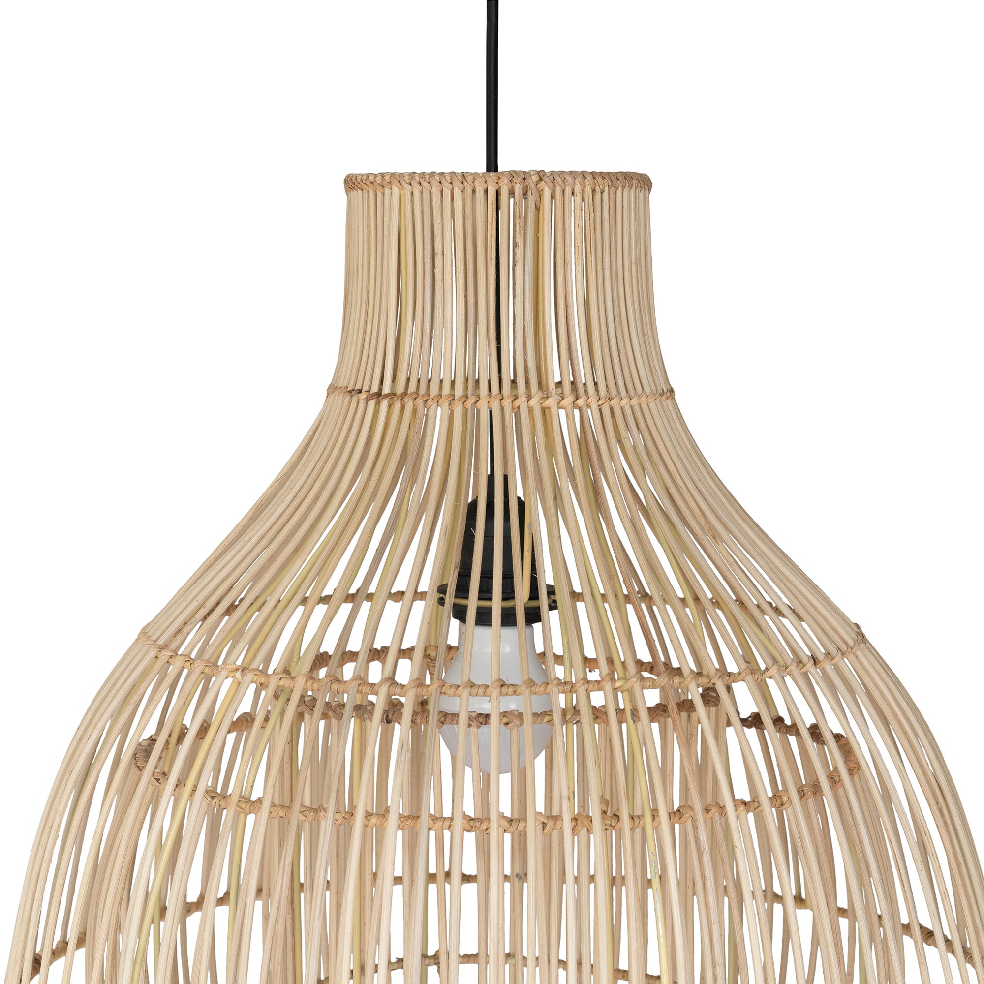 A modern natural rattan pendant light with a tiered silhouette, showcasing intricate woven detailing. This statement lighting piece offers a contemporary yet natural aesthetic, perfect for enhancing dining areas, living spaces, or bedrooms with warm, ambient lighting.