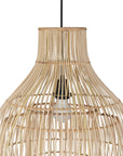 A modern natural rattan pendant light with a tiered silhouette, showcasing intricate woven detailing. This statement lighting piece offers a contemporary yet natural aesthetic, perfect for enhancing dining areas, living spaces, or bedrooms with warm, ambient lighting.