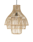 A modern natural rattan pendant light with a tiered silhouette, showcasing intricate woven detailing. This statement lighting piece offers a contemporary yet natural aesthetic, perfect for enhancing dining areas, living spaces, or bedrooms with warm, ambient lighting.