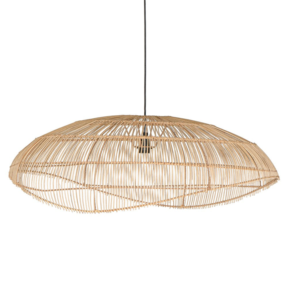 Kulala Living natural rattan pendant light, handwoven for a relaxed coastal aesthetic. Its organic design and wide, airy frame create a warm, inviting ambiance in any interior space