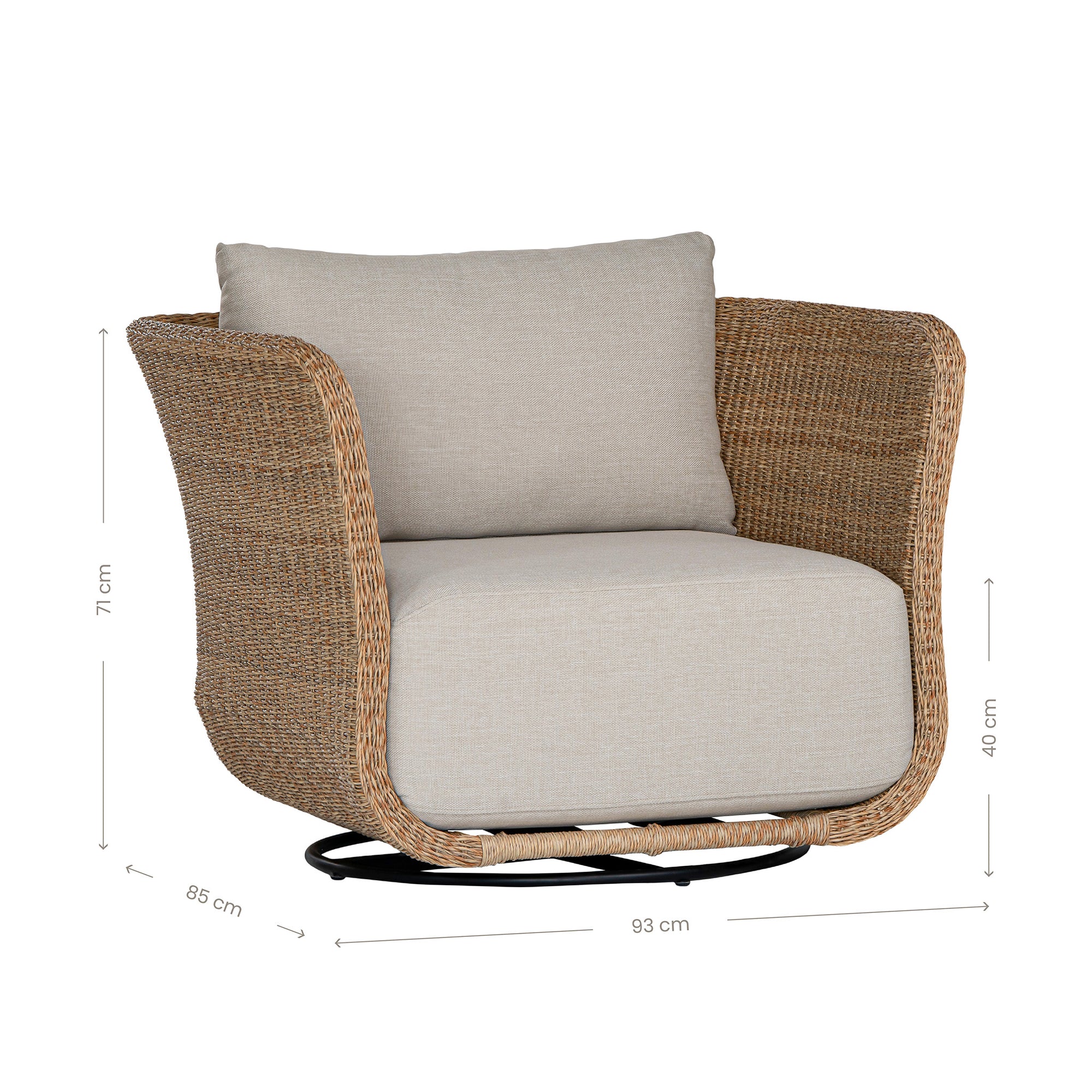 Natural rattan swivel armchair with plush barley cushions, offering a blend of comfort and contemporary coastal style