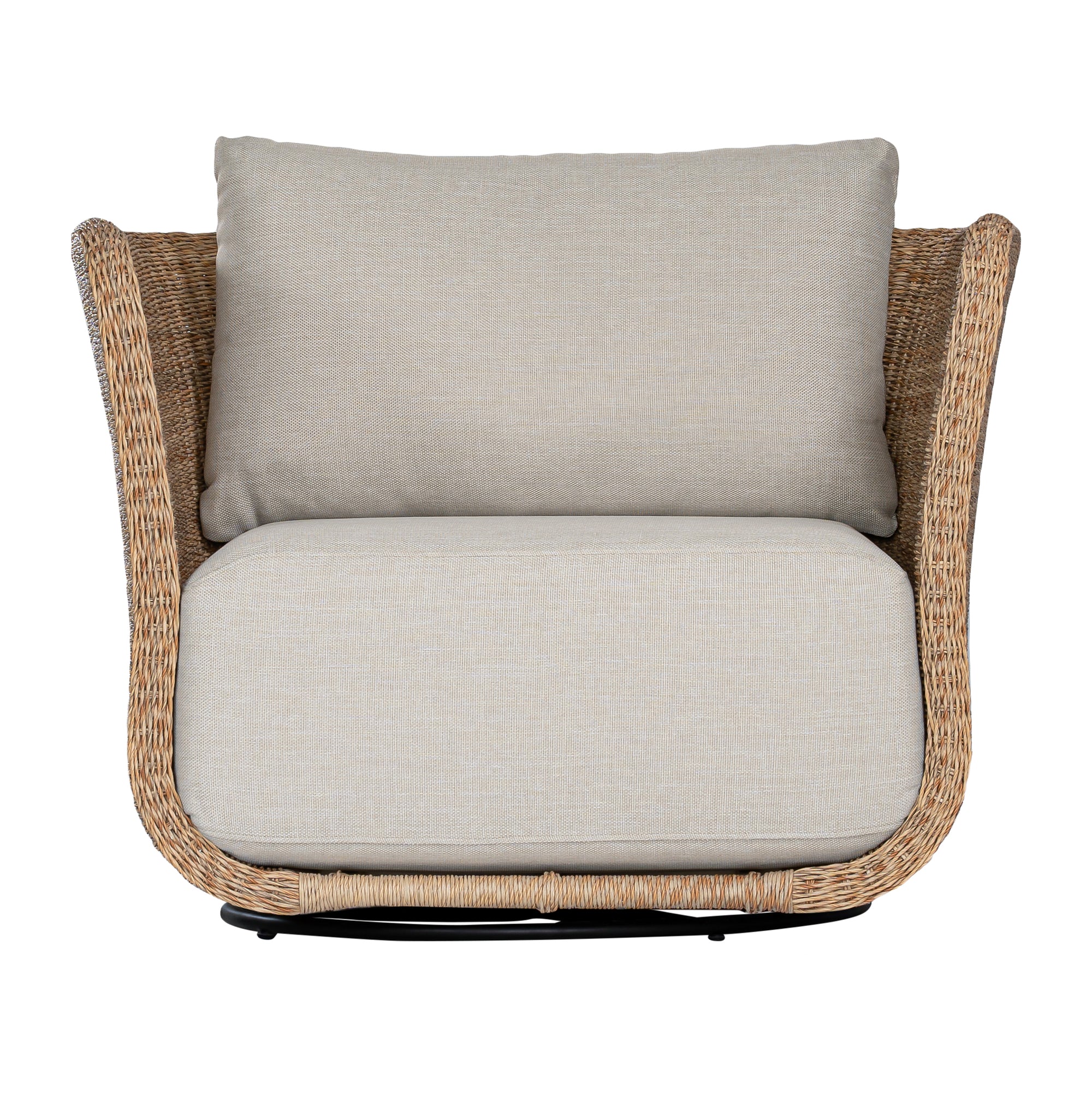 Natural rattan swivel armchair with plush barley cushions, offering a blend of comfort and contemporary coastal style