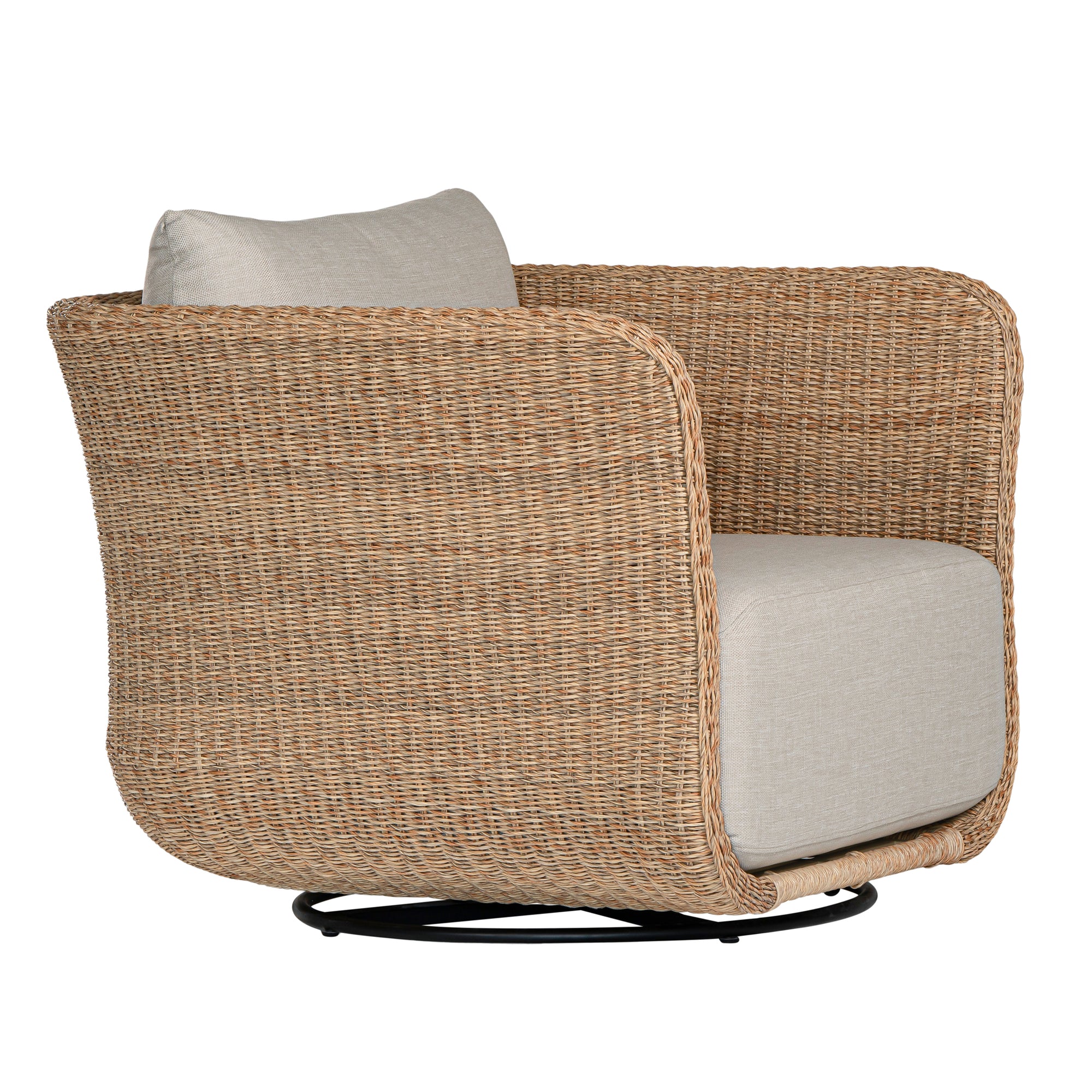 Natural rattan swivel armchair with plush barley cushions, offering a blend of comfort and contemporary coastal style