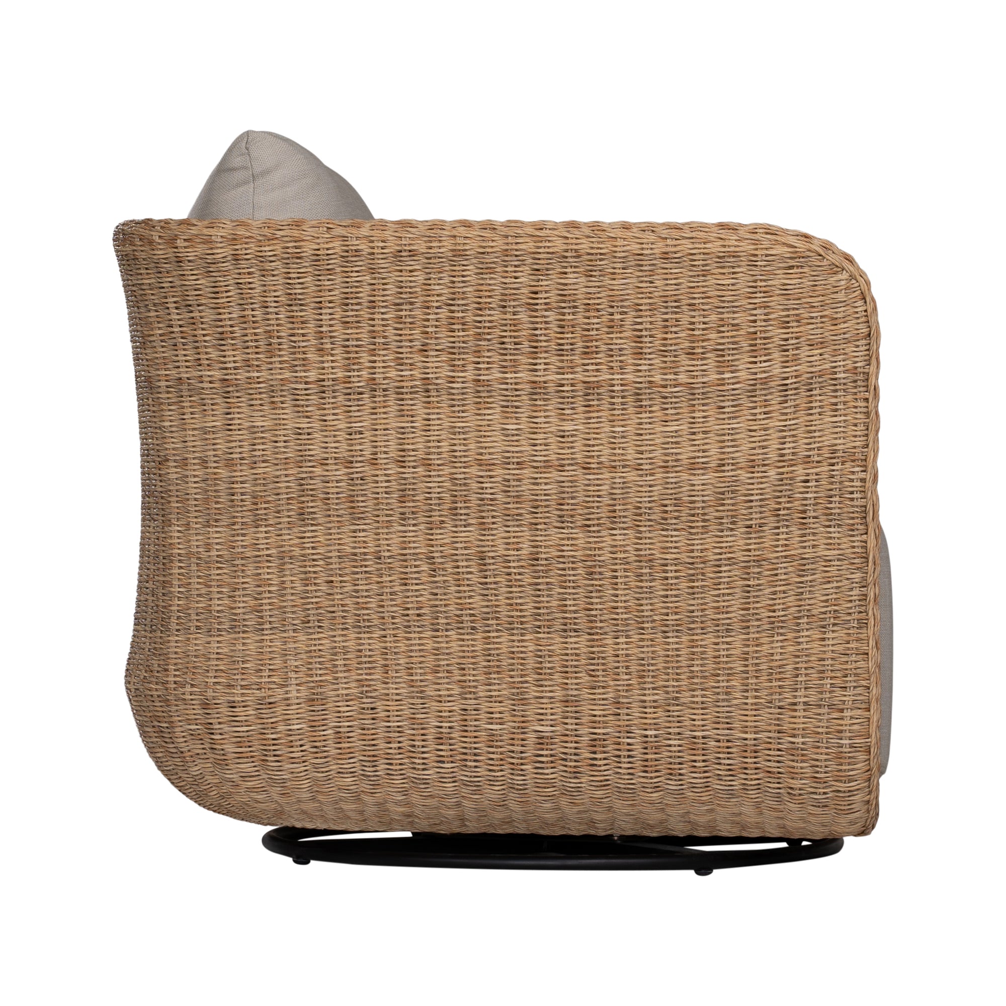 Natural rattan swivel armchair with plush barley cushions, offering a blend of comfort and contemporary coastal style