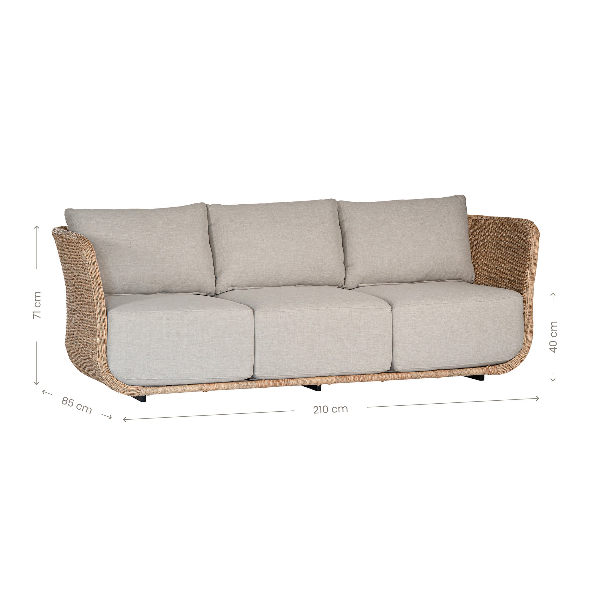 Natural rattan three seater with plush barley cushions, offering a blend of comfort and contemporary coastal style