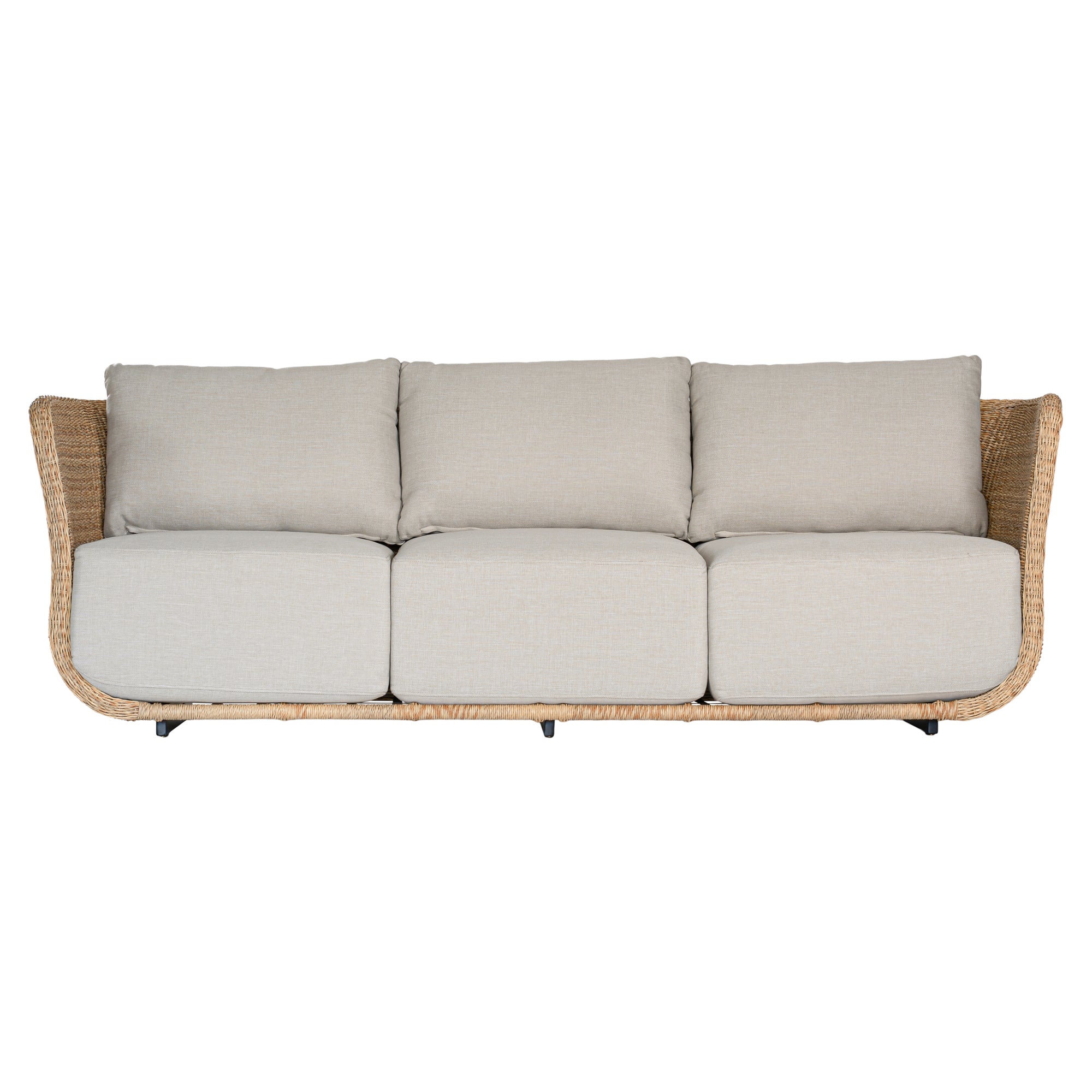 Natural rattan three seater with plush barley cushions, offering a blend of comfort and contemporary coastal style